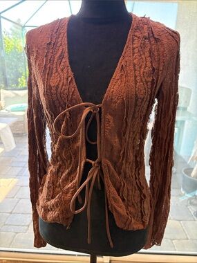 Brown Lace Tie-Front Cardigan sz Medium